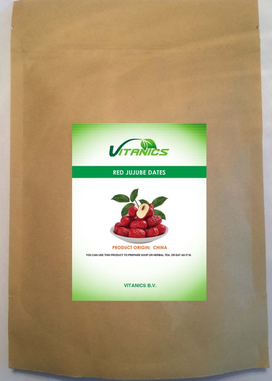 Bruine verpakking met VITANICS logo, rode jujube dadels en tekst 'RED JUJUBE DATES, PRODUCT ORIGIN: CHINA'.