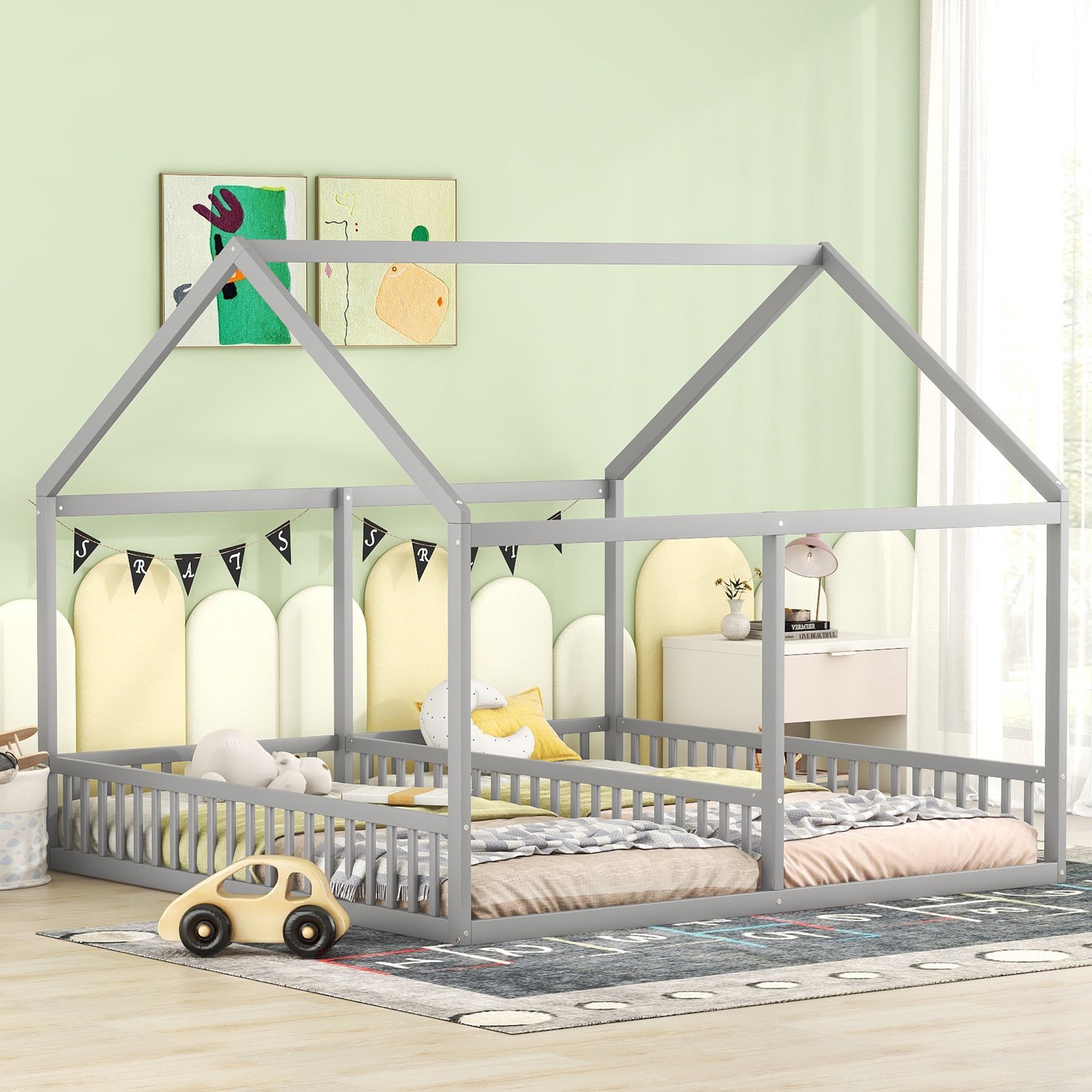 Kinderbed 2-in-1 90 x 200 cm - Huisbed - Grijs