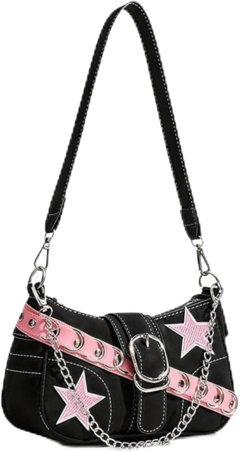 Schoudertas dames - Y2K handtas - Vintage okseltas - Hobo tas met rits - Afneembare schouderriem - Sterren en metalen ketting - Voor dagelijks gebruik - Zwart met roze - 25x15x7 cm