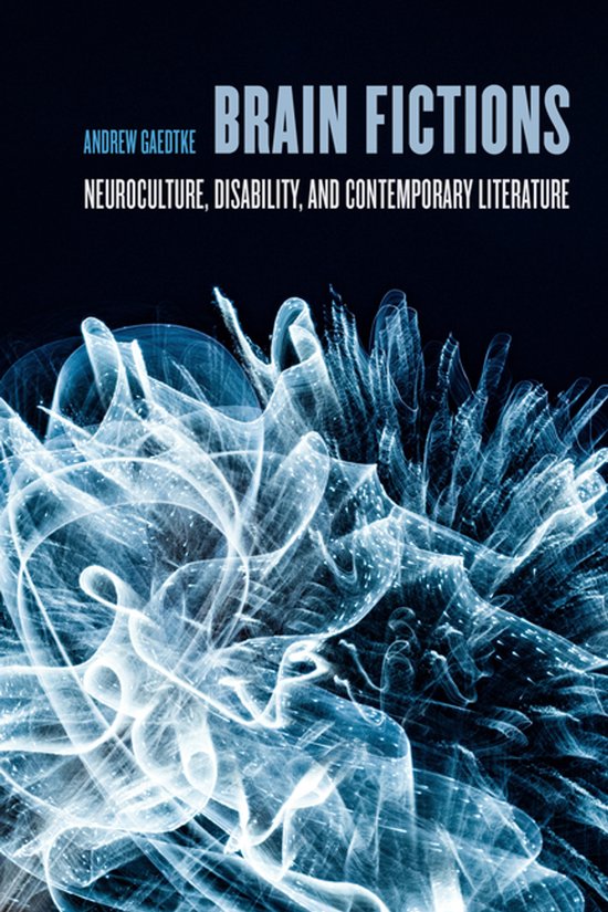Boekomslag 'Brain Fictions' met blauwe, abstracte lichtpatronen tegen een zwarte achtergrond.