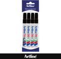 Verpakking met vier zwarte Artline 70N permanente markers met een kogelpunt.