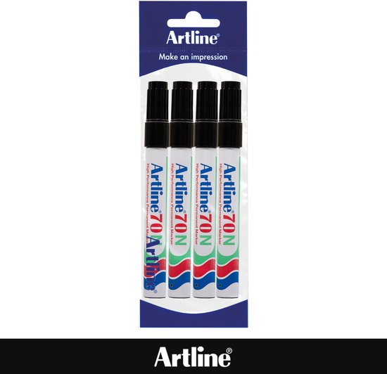 Verpakking met vier zwarte Artline 70N permanente markers met een kogelpunt.