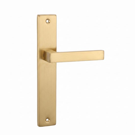 Domino Qubik BO deurkrukset met goudkleurig langschild, strak en modern design op een witte achtergrond.