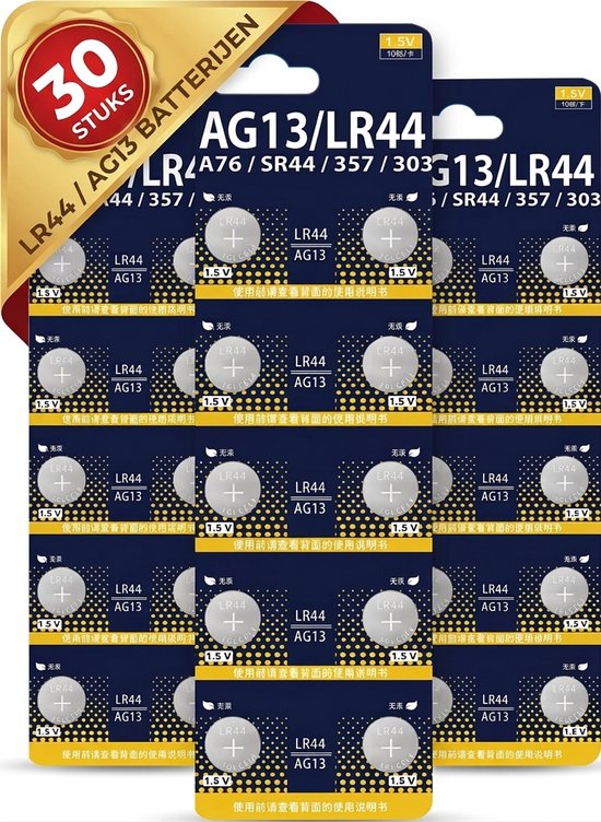 Verpakking van 30 stuks AG13/LR44-knoopcelbatterijen, 1,5V.