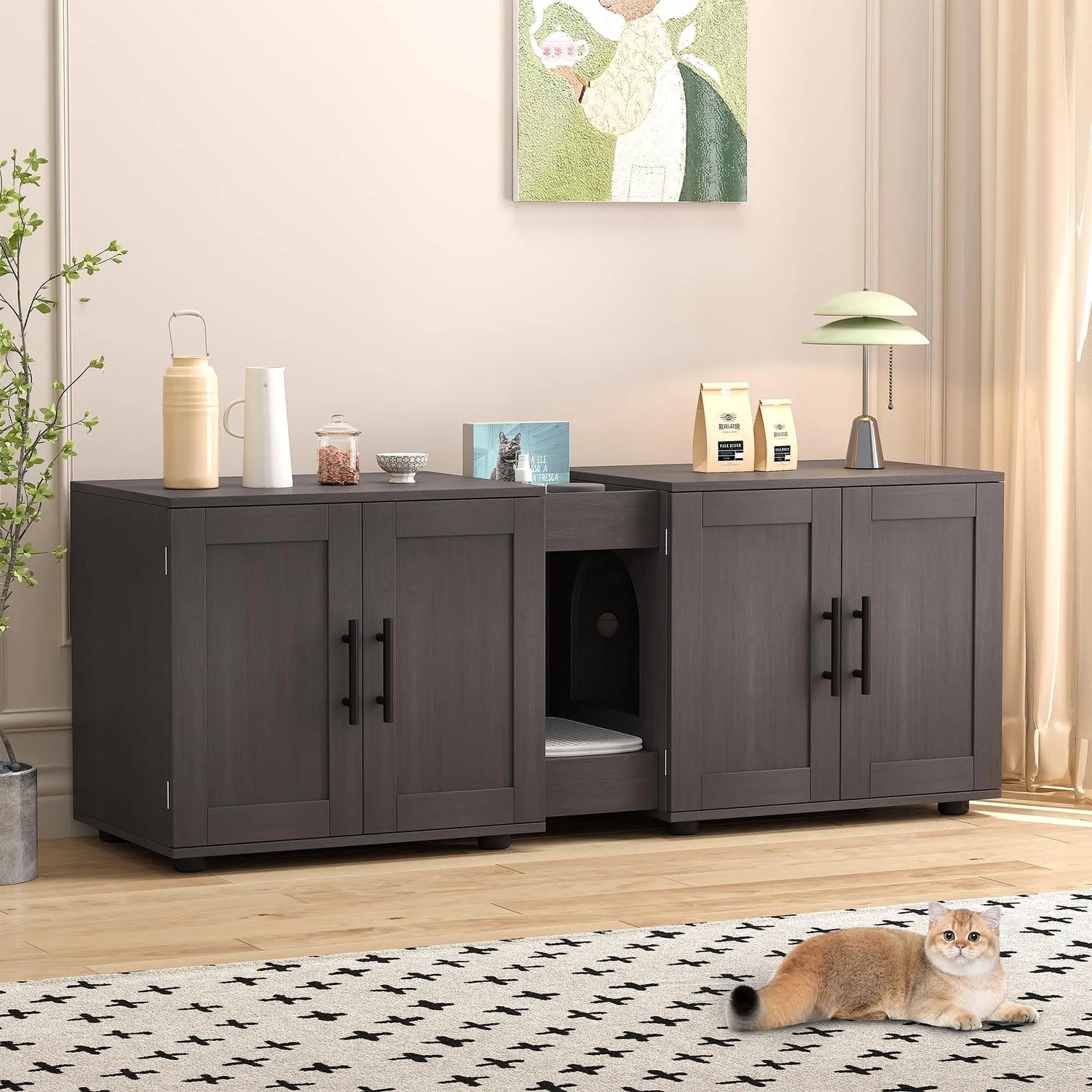 Gudalio Kattenbak Meubel - Kast - Kattenhuis - Verborgen Kattenbak - Dressoir - Dubbel - Opbergruimte - 140 x 45 x 57 cm - Hout
