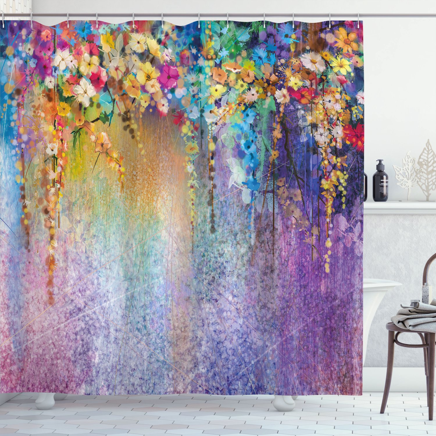 ABAKUHAUS Aquarel Bloemen Douchegordijn voor Woondecoratie, Abstract Ontwerp met Kruiden, Wilde Planten, Bloesems, Klimop, Bloemetjes en Struiken, Stoffen Badkamerdecoratieset met Haken, 70 inch, Meerkleurig