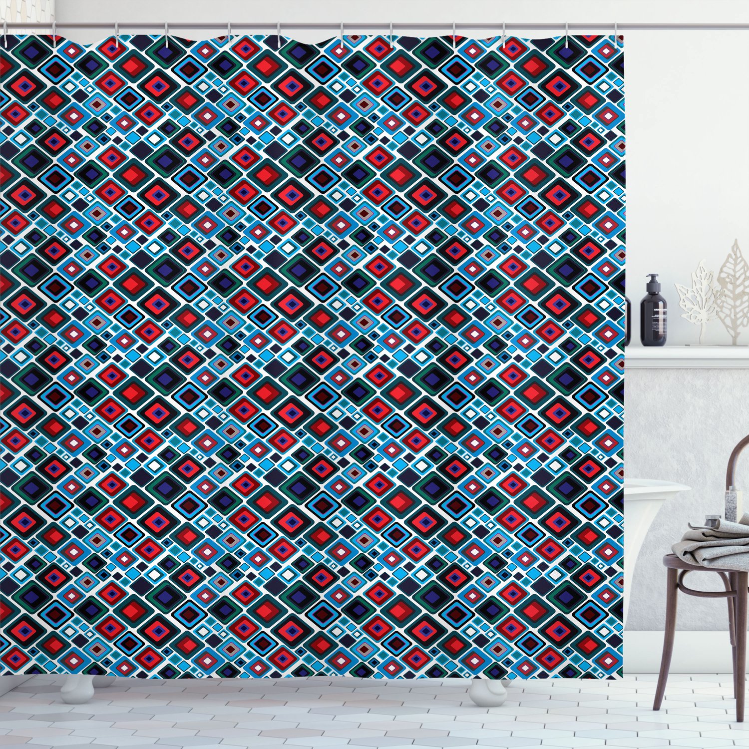ABAKUHAUS Retro Douchegordijn, Diagonale Vierkanten van Verschillende Formaten met Afgeronde Hoeken, Geometrisch Abstract Design, Stoffen Badkamerdecoratieset met Haken, 175 B x 200 L, Meerkleurig