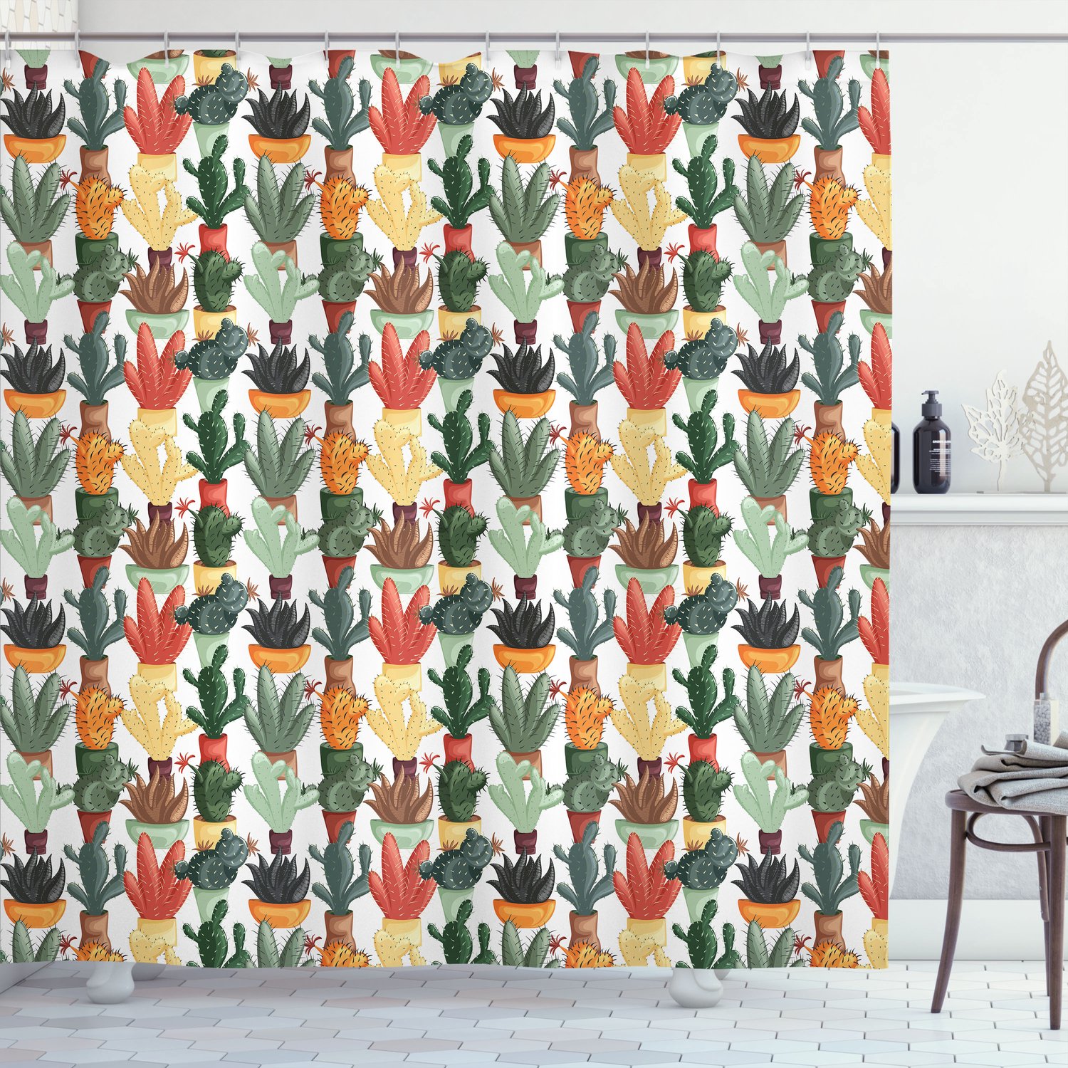 ABAKUHAUS Cactus Douchegordijn, Mexicaanse Vetplant, Stoffen Badkamerdecoratieset met Haken, 175 x 240 cm, Groen Oranje