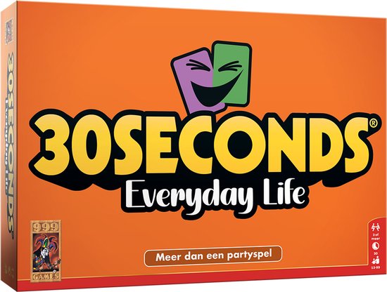 Oranje speldoos van 30 Seconds Everyday Life met logo, lachend gezichtje en 999 Games logo.