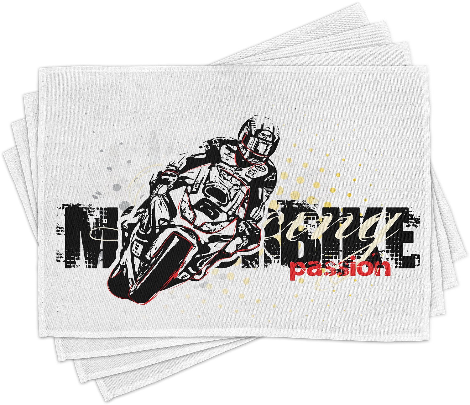 ABAKUHAUS Motorfiets Placemats Set van 4, Motorfiets Illustratie Gestippelde Grunge Achtergrond Super Motor Passie Silhouet, Wasbare Stoffen Placemats voor Eetkamer- en Keukentafeldecoratie, Zwart Geel