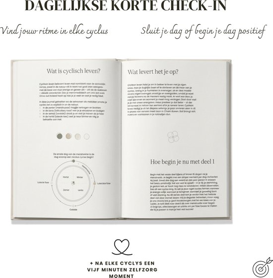 Open Inner Seasons Journal met tekst over cyclisch leven en een menstruatiecyclusdiagram in zachte kleuren.