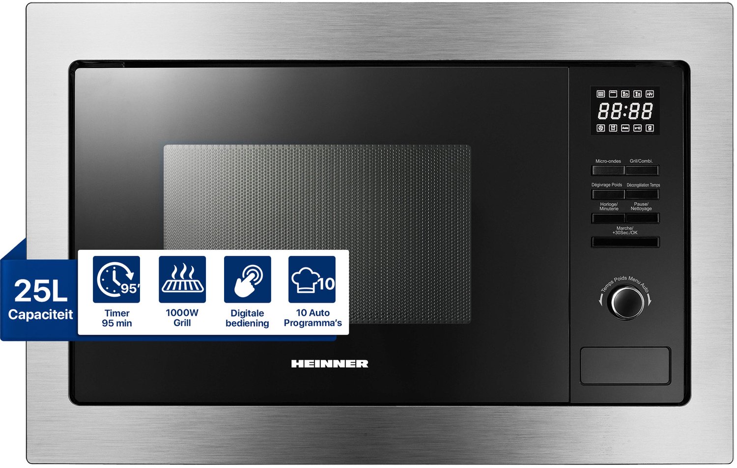 Heinner Inbouw Magnetron – 25 L – 900 W – 1000 W Grill – 5 Vermogensniveaus – Ontdooifunctie – 95 Min Maximale Kooktijd – Digitale Bediening – Zwart/Zilver