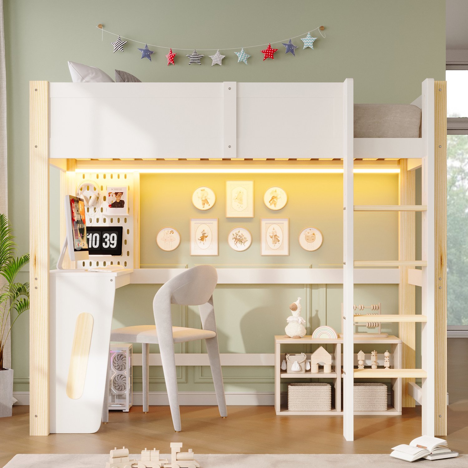 VVBV Hoogslaper 90x200 – Bureau, Opbergruimte, LED-Verlichting, Tot 120 kg, Zonder Matras – Hoogslaper met Bureau – MDF, Grenenhout – Naturel