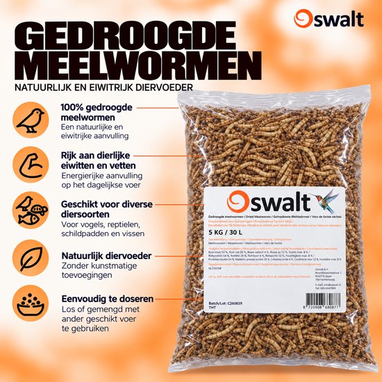 Zak gedroogde meelwormen van 5 kg met infografiek over de voordelen voor vogels, vissen en reptielen.
