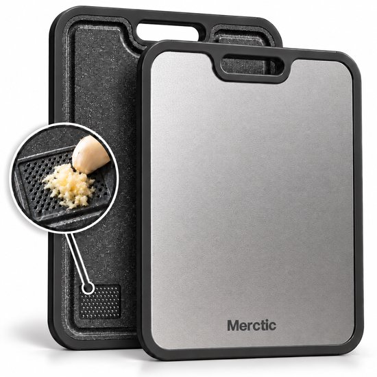 Merctic snijplank met metalen kant en zwarte tarwevezel zijde met geïntegreerde rasp voor knoflook.