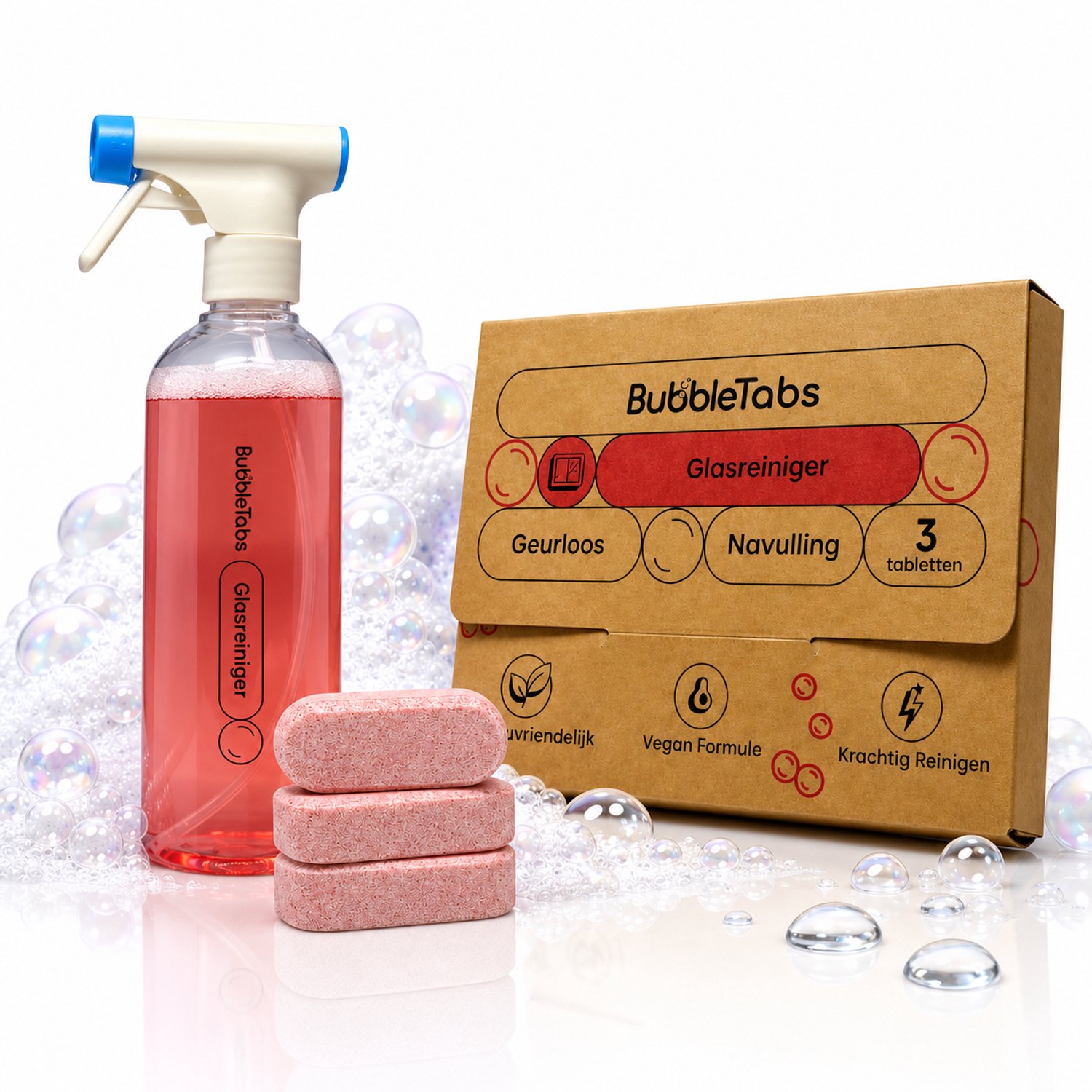 BubbleTabs Glasreiniger Starter Set - Herbruikbare Sprayfles + - Glasreiniger auto - voor Glasreiniger spray - 3 Cleaning Tabs - Geurloos - Streepvrij