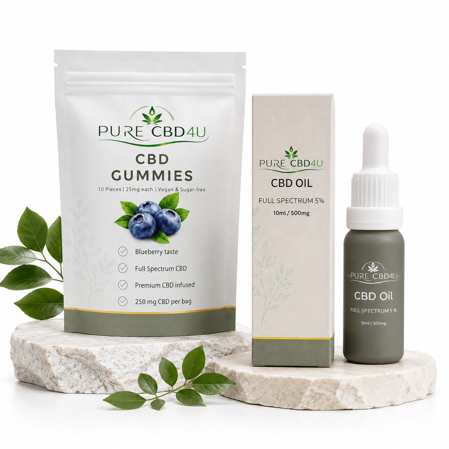 PureCBD4U CBD Beginner Bundel – Full Spectrum CBD Olie 5% 10 ml + CBD Gummies Blueberry 25 mg 10 stuks
