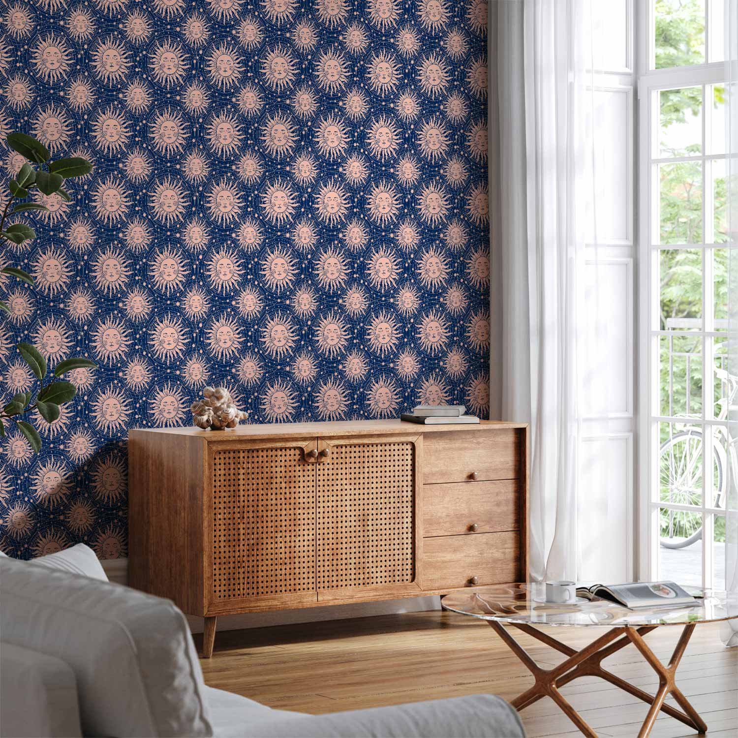 Behang - Sunny Patterns - Repeating sun motif on a navy background.