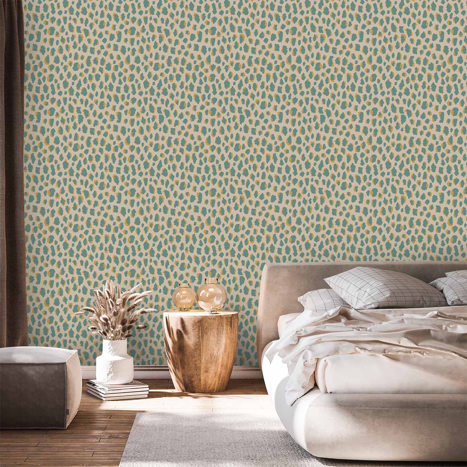 Behang - Giraffe Pattern - animal pattern in turquoise spots on a light background.