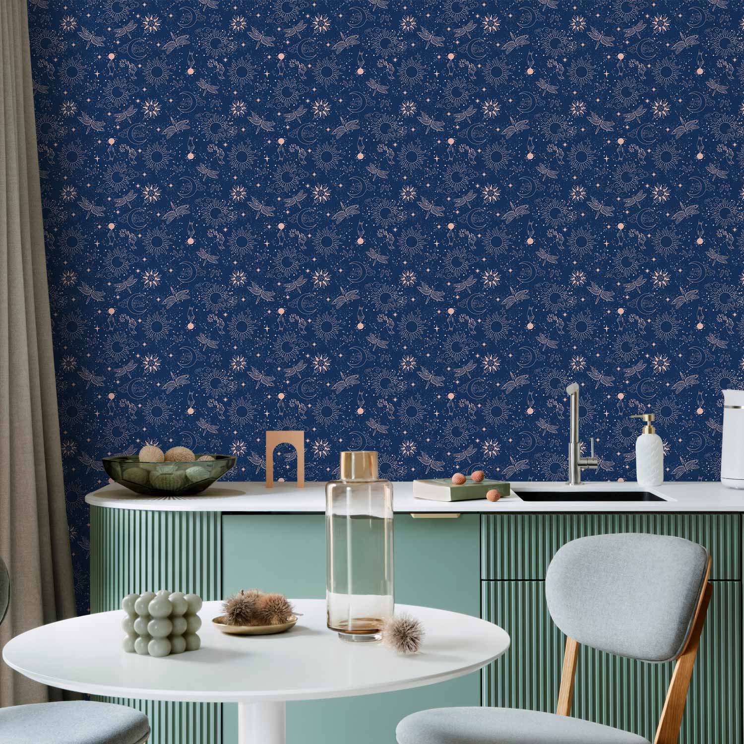 Behang - Cosmic Fantasy - Pattern with Suns - Moons - and Dragonflies on a Dark Background.