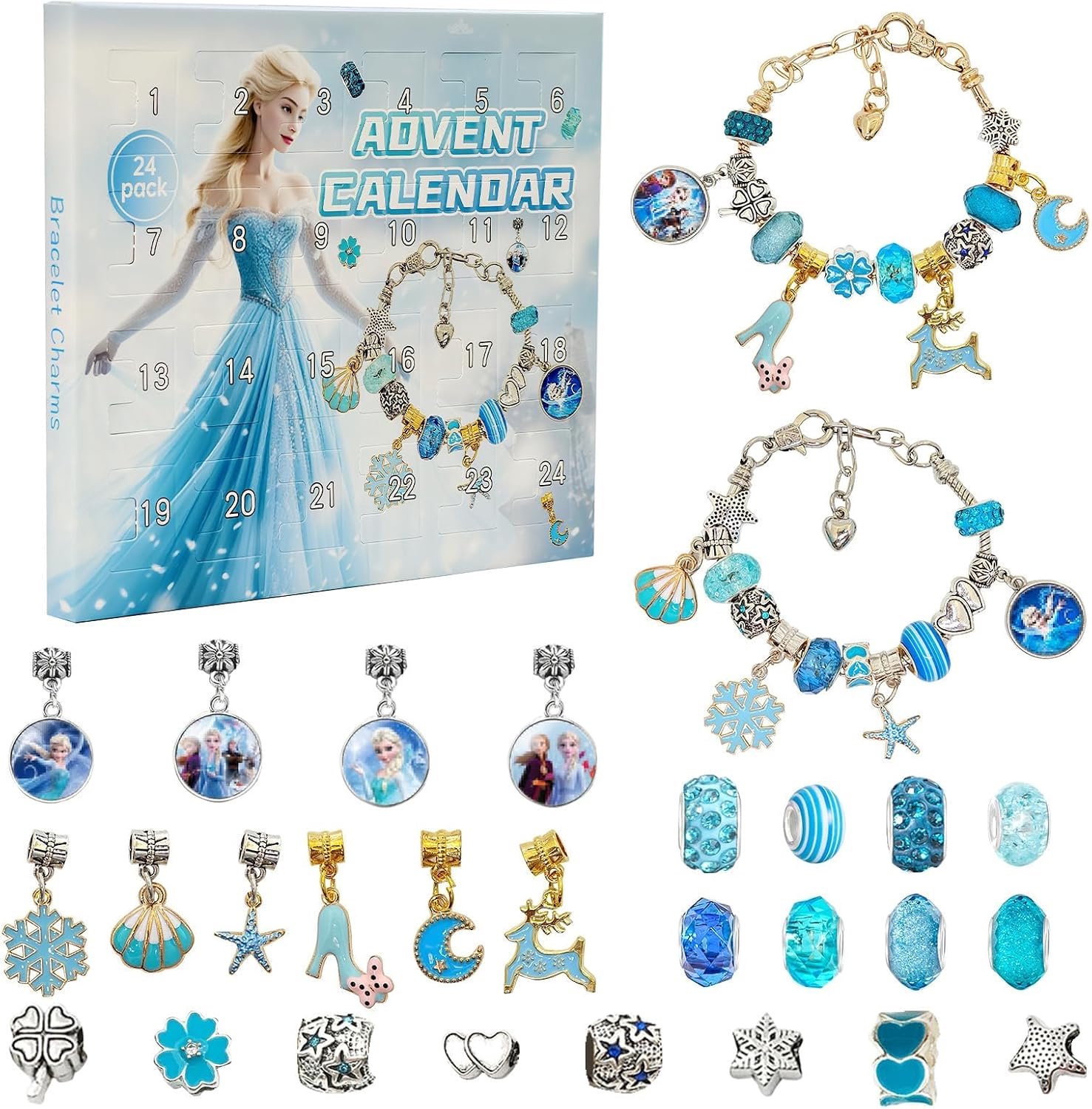 Adventskalender sieraden maken - Kerstkalender met prinsessen bedels - Armbandjes knutselen voor kinderen - Vierentwintig vakjes met accessoires - Verstelbare armbanden - Blauw/goud/zilver - 24 dagen sieradenset