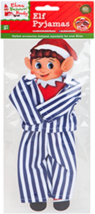 Elf pyjama met blauw-witte strepen en rode rand, met bijpassende pyjamahoed.