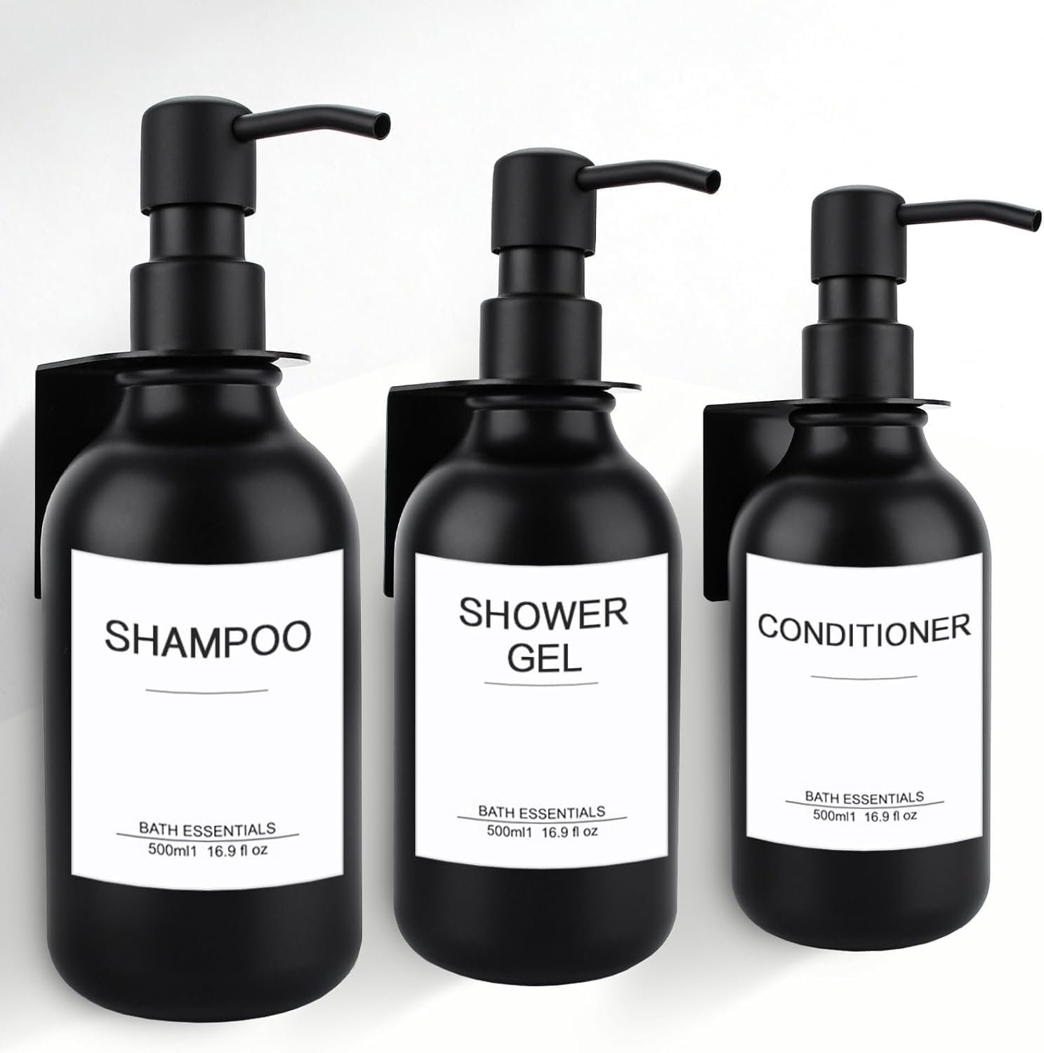 Zeepdispenser set voor badkamer - Navulbare shampooflessen met pomp - Wandhouder voor doucheflessen - Dispenser voor vloeibare zeep - PET flessen en staalpompen - Inclusief etiketten en wandhouders - Zwart - 3 stuks 500 ml