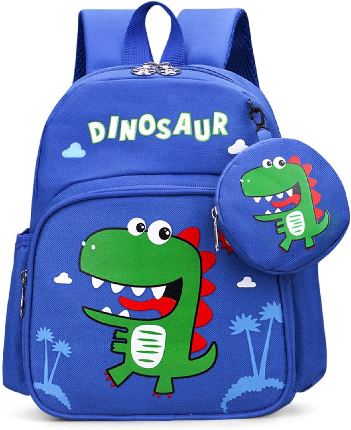 Kinderrugzak voor kleuterschool - Peuterrugzak met minitas - Schooltas voor jonge kinderen - Reistasje voor kleine uitstapjes - Oxford stof met ritsvakken - Afneembare portemonnee dinosaurus motief - saffierblauw met dinosaurus - Formaat 30x14x23 cm