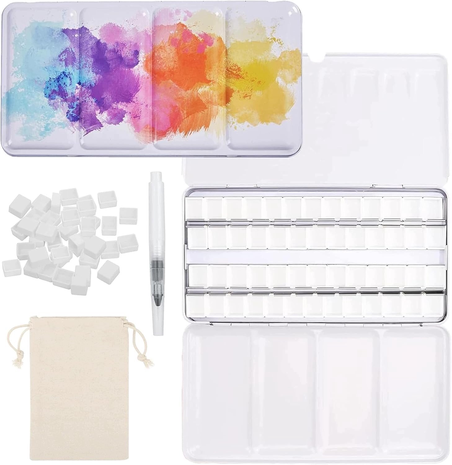 Metalen Aquarel Doos met 52 Halve Pannetjes en Waterkwast