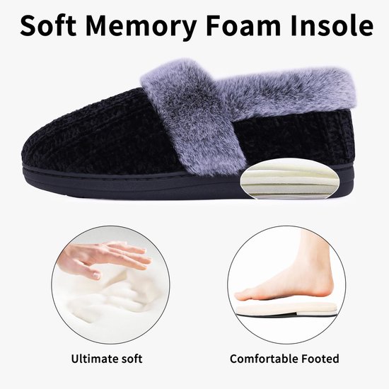 Zwarte pantoffel met grijze pluche rand, toont zachte memory foam binnenzool en tekst Soft Memory Foam Insole.