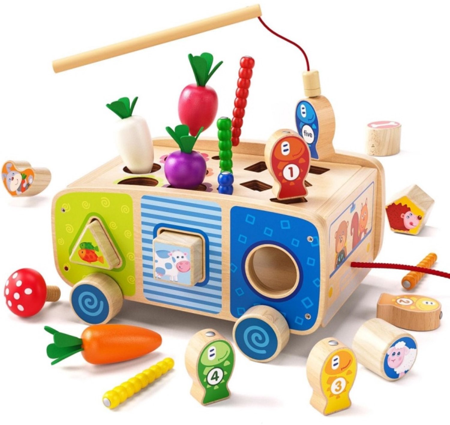 6‑in‑1 Montessori Houten Speelgoed ‑ Vormen Sorteerdoos ‑ Visspel en Worteloogst ‑ Trekauto ‑ Ontwikkelingsspeelgoed voor Baby en Peuter 1‑3 Jaar