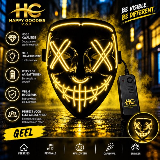Geel Happy Goodies LED-masker met 3 lichtstanden, getoond in een rokerige, stedelijke setting.