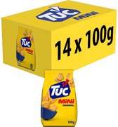 Omdoos van 14 zakken TUC Mini Original crackers van 100g met iconisch blauw logo op gele achtergrond.