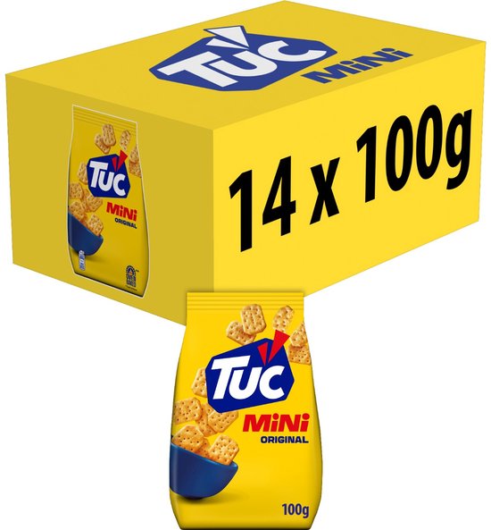 Omdoos van 14 zakken TUC Mini Original crackers van 100g met iconisch blauw logo op gele achtergrond.