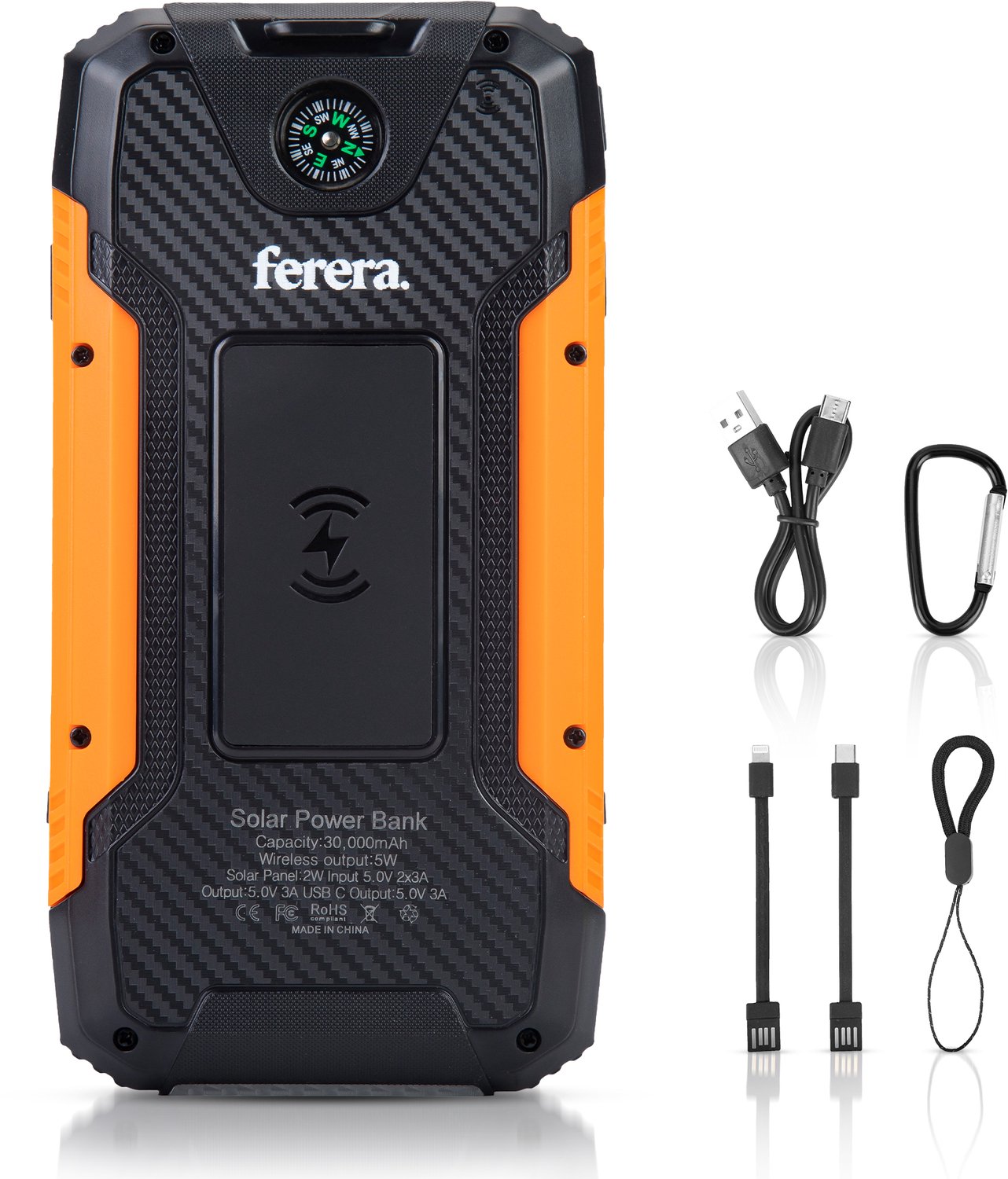 Ferera Solar Powerbank - 30.000 mAh - Powerbank Noodpakket Zonne-energie - Ingebouwde Kabels - 2 Extra Accessoires - Hoge Capaciteit - Solar Charger - Draadloos Opladen - Wireless Charger - Met Zaklamp & Kompas - Outdoor