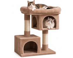 MAZAZU - Krabpaal Compact - Koffiebruin - Met 2 Knusse Huisjes & Luxe Ligbed - Stevig Klimmeubel met Sisal Krabpalen - 84cm - Modern Design
