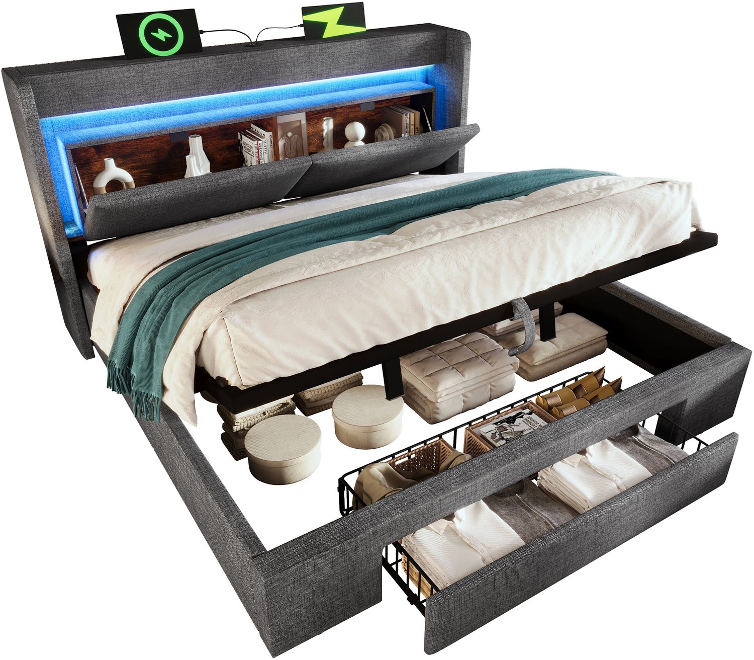 Gestoffeerd Bed 140x200 cm - Met Hydraulische Opbergruimte En Lade - Hoofdbord Met LED En USB-C - Houten Lattenbodem - Grijs Linnen