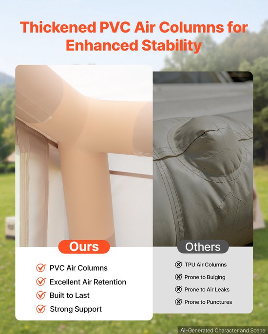 VEVOR Opblaasbare Tent, Luchttent voor 3-5 Personen met Pomp & Zonnescherm, Beige, voor Buitenactiviteiten, Waterafstotend 420D Oxford-Doek met Dakraam, Schoorsteenopening & Gaasraam, Windbestendig — afbeelding 3