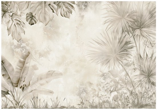 Fotobehang met een botanisch junglepatroon van tropische bladeren in beige en grijze betonlook tinten.