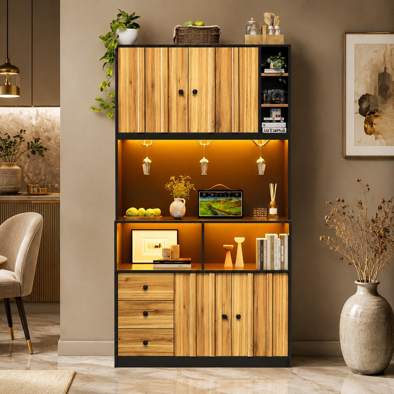 WUVRIE - Keukenkast 100x40x180 cm - LED, stopcontacten, wijnrek en vitrine - Zwart/naturel