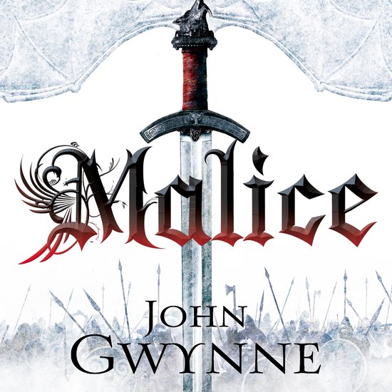 Boekomslag van Malice door John Gwynne met een zwaard, wolfsknop en een leger op de achtergrond.