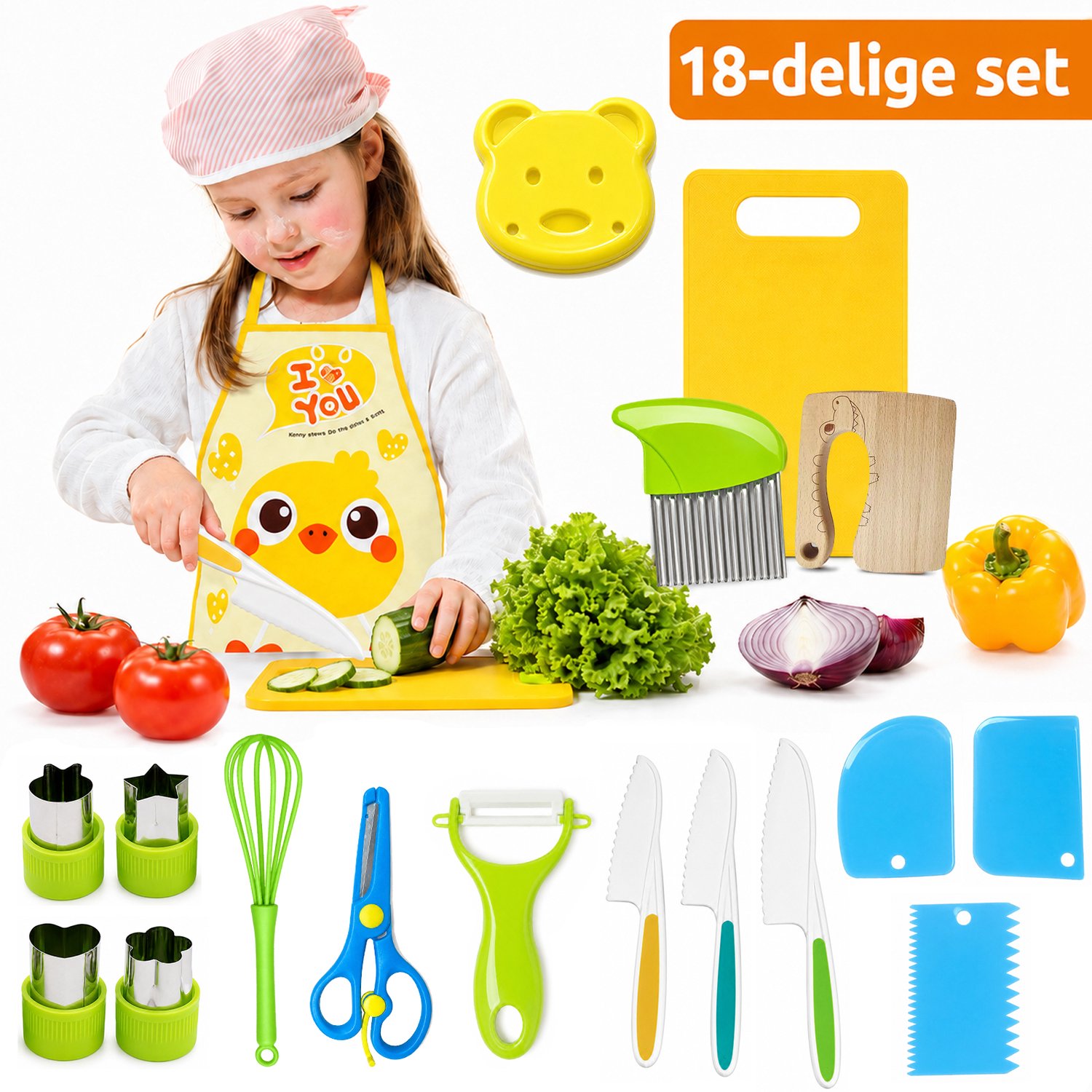 Kindermessenset voor Kinderen - 18-Delig Montessori Kookset met Houten Mes, Snijplank en Uitsteekvormpjes - Kindvriendelijke Serrated Messen met Schort - Voor Kinderen van 3 tot 8 Jaar