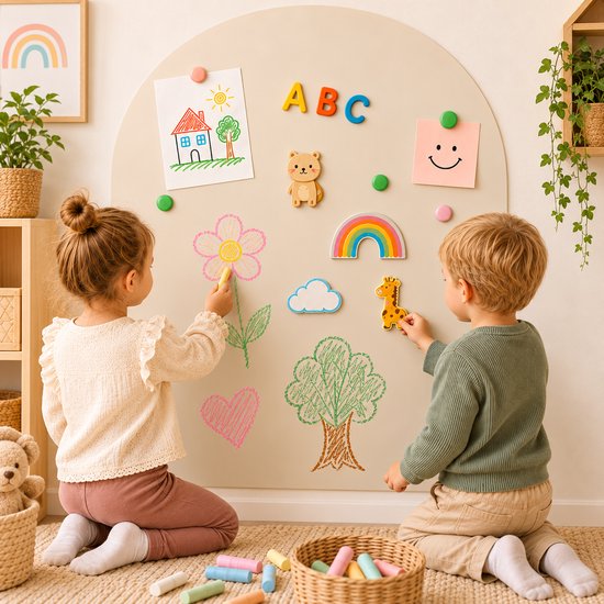 Beige boogvormige magnetische krijtmuursticker met kinderen die tekenen en met magneten spelen.