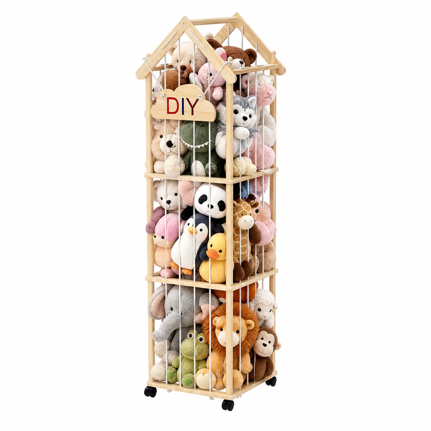 PIPIPOXER Knuffelopbergrek - Houten hoekstandaard - Met wielen - teddyberen en pluchen - kinderkamer en Babykamer opberg - 40 x 40 x 154 cm - Houtkleur
