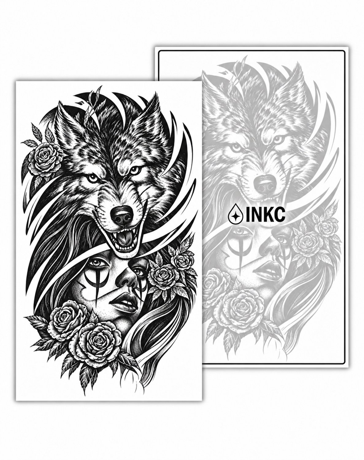 INKC - Tijdelijke Tattoo - Wolf en Vrouw met Rozen - Nep Tattoo - Plak Tattoos - Blijft tot 2 weken - 11 x 18cm