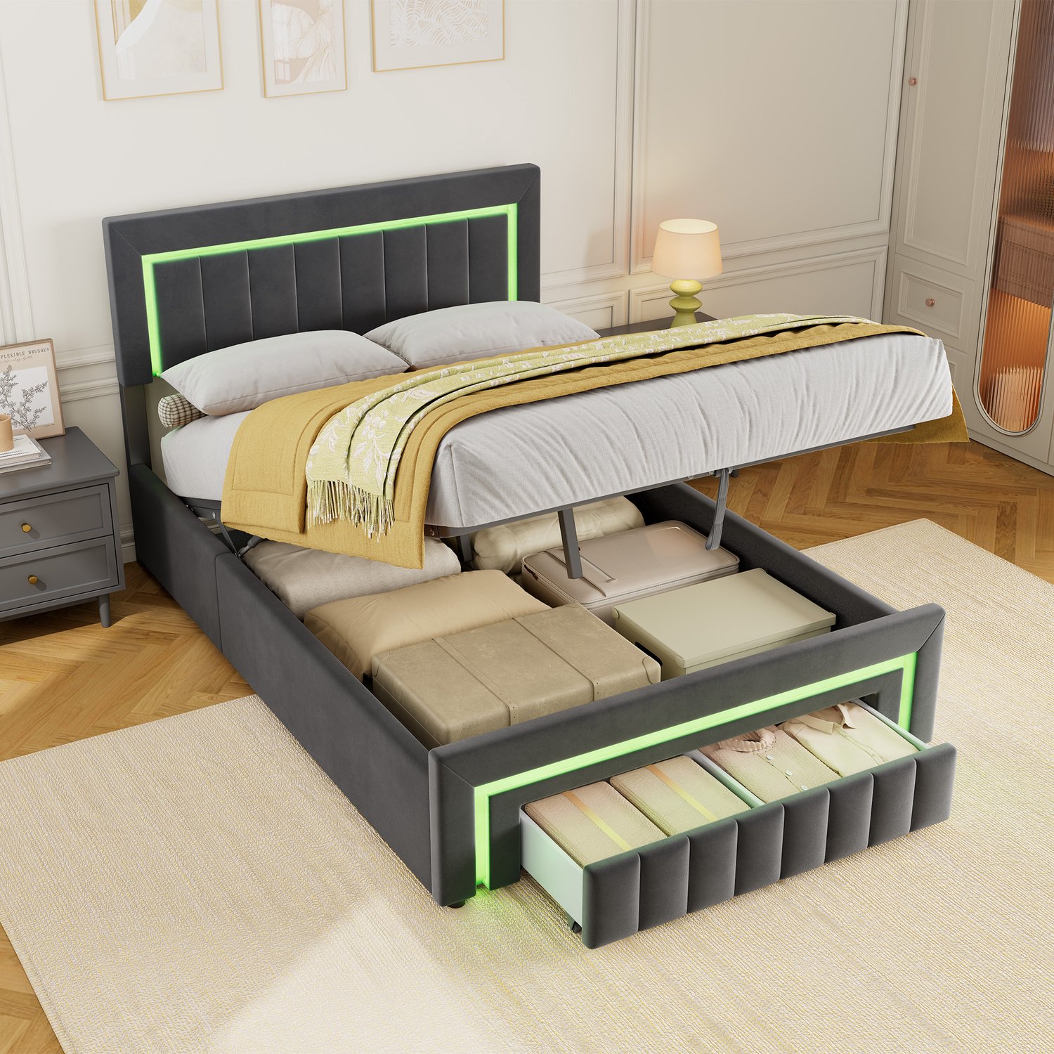 CHICFURN Gestoffeerd Bed 140x190 cm - Slaapkamer - Hydraulische opbergruimte - Lade - Velours - Grijs