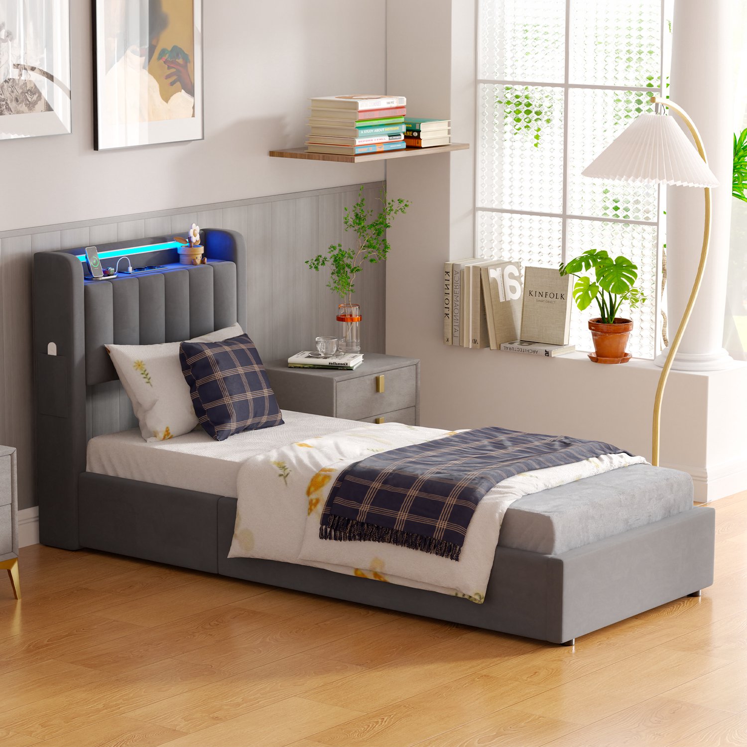 CHICFURN Gestoffeerd Bed 90x200 cm - Voor slaapkamer - Opbergruimte met LED en USB - Hydraulisch - MDF met metaal en fluweel Donkergrijs
