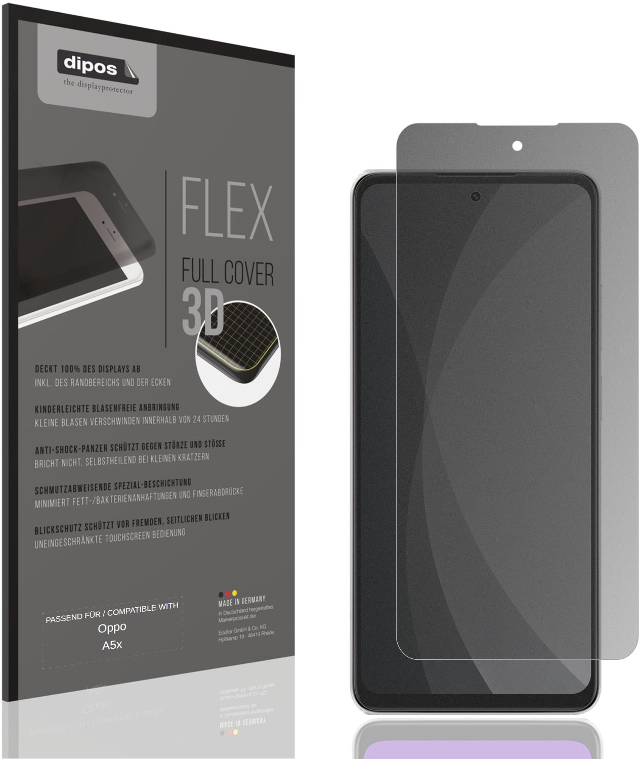 dipos FLEX – Matte Privacy Screenprotector geschikt voor Oppo A5x | Volledige Schermbescherming | Case-Friendly