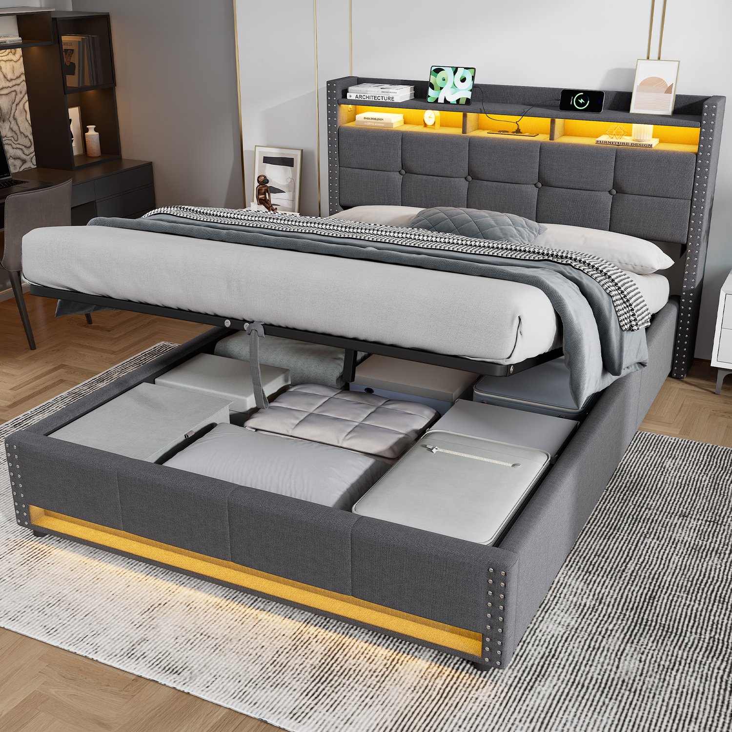 CHICFURN Tweepersoonsbed 140x200 cm - Slaapkamer - LED verlichting en opladen - Gestoffeerd bed met laden - Linnen - Donkergrijs