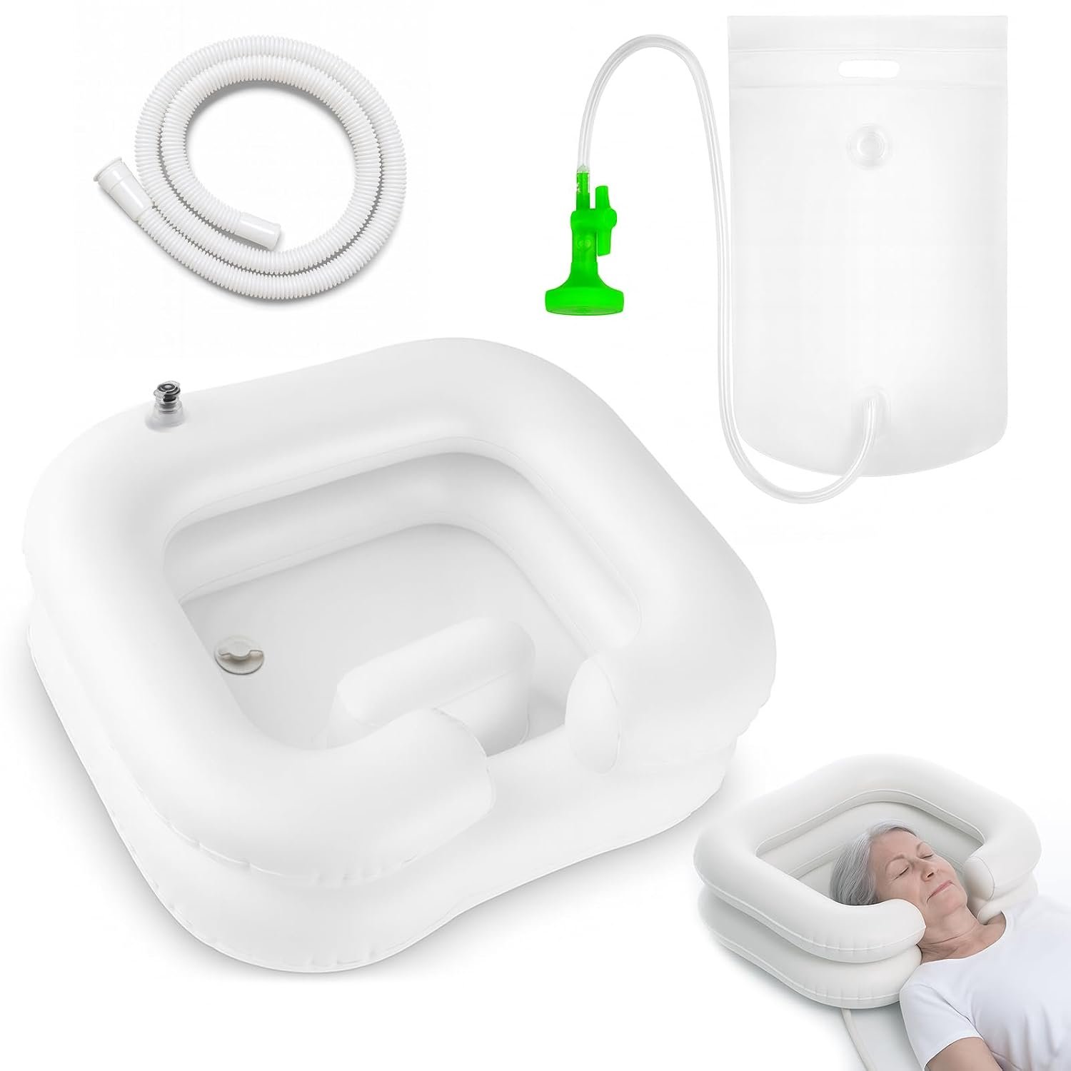 Opblaasbare shampoobak Geschikt voor thuisgebruik, met douchekop, waterzak en 1 meter afvoerslang, Geschikt voor mensen met een beperking, gehandicapten en ouderen.
